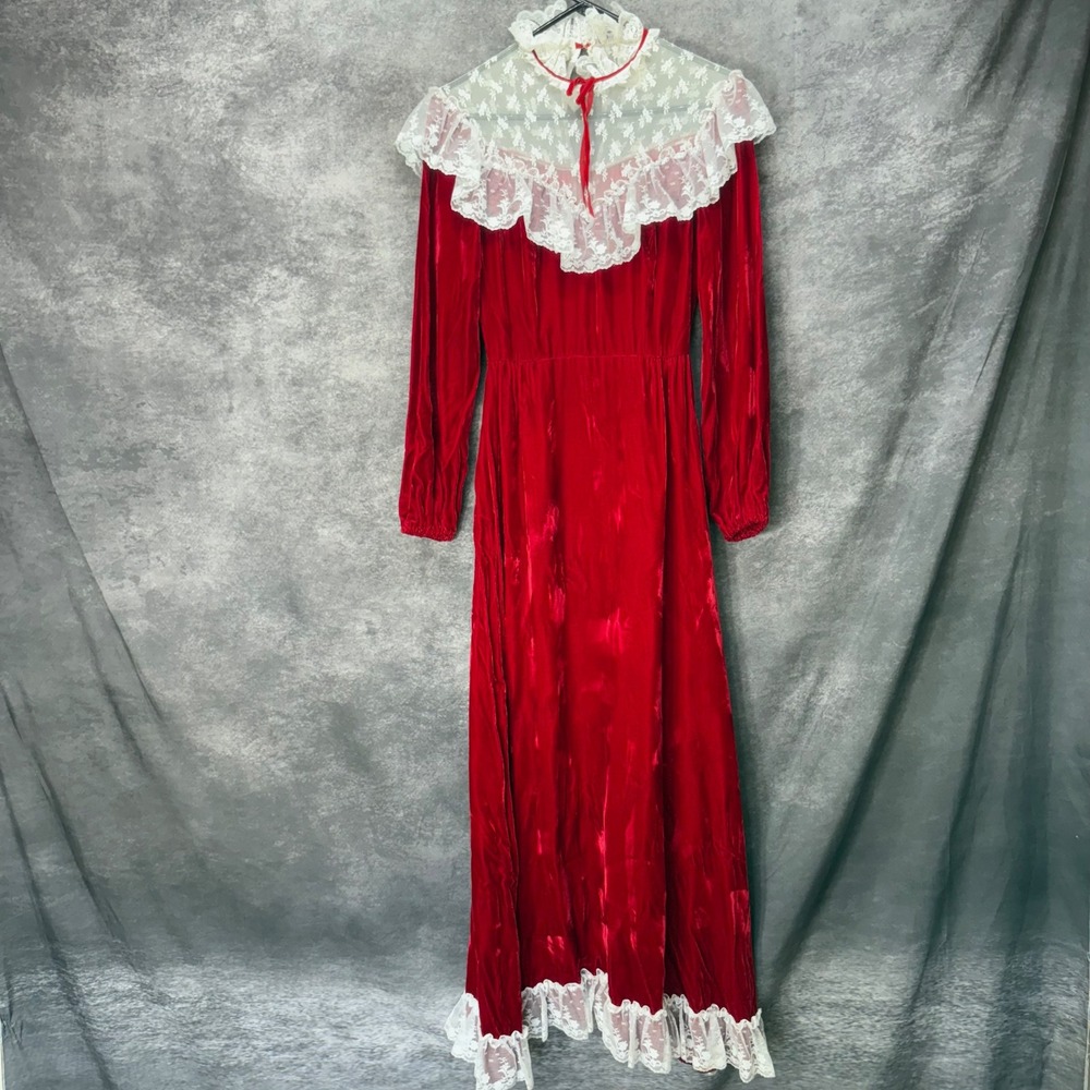 Vintage Red Velvet Maxi Dress Size S White Lace Victorian Christmas Coquette